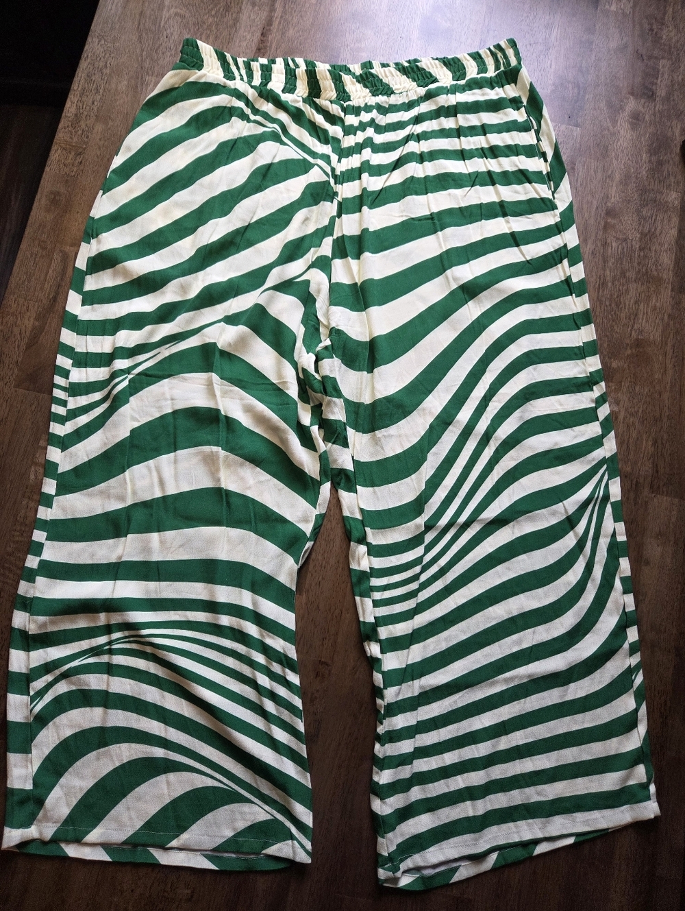 WRAY Green Wavy Striped Lightweight Wide-Leg Pants Rayon Viscose